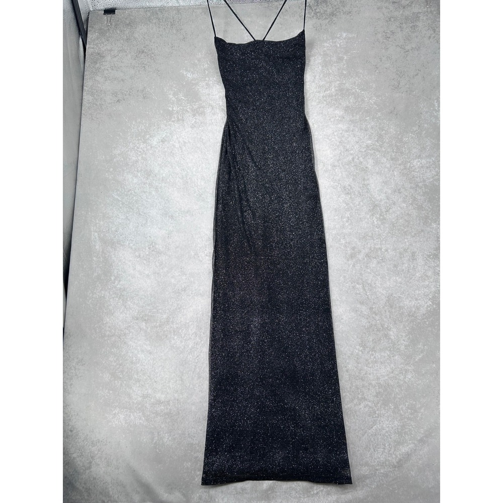 Babyboo Women Black Silver Glitter Maxi Dress Spaghetti Strap Keyhole Back L